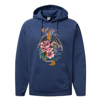 Springtime Floral Fire Dragon Performance Fleece Hoodie