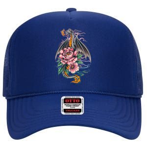 Springtime Floral Fire Dragon High Crown Mesh Back Trucker Hat