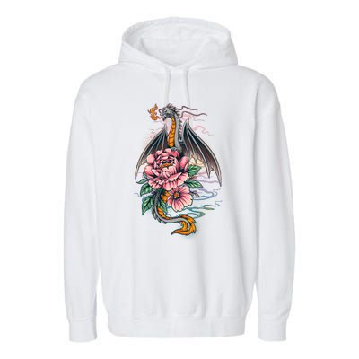 Springtime Floral Fire Dragon Garment-Dyed Fleece Hoodie