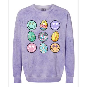 Smile Face Floral Easter Eggs Groovy Disco Happy Easter Day Colorblast Crewneck Sweatshirt