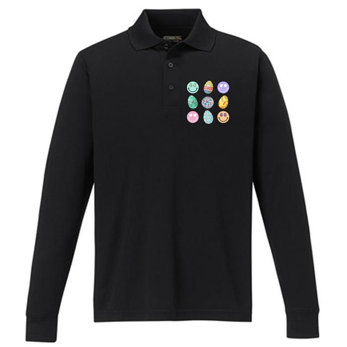 Smile Face Floral Easter Eggs Groovy Disco Happy Easter Day Performance Long Sleeve Polo