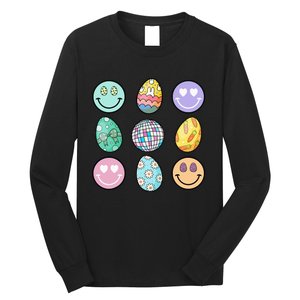 Smile Face Floral Easter Eggs Groovy Disco Happy Easter Day Long Sleeve Shirt