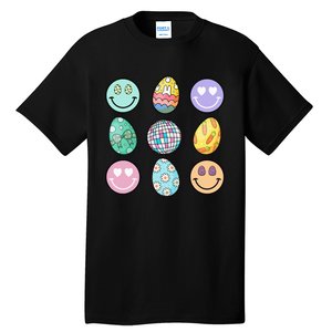 Smile Face Floral Easter Eggs Groovy Disco Happy Easter Day Tall T-Shirt