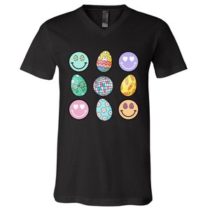 Smile Face Floral Easter Eggs Groovy Disco Happy Easter Day V-Neck T-Shirt