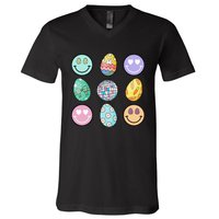 Smile Face Floral Easter Eggs Groovy Disco Happy Easter Day V-Neck T-Shirt