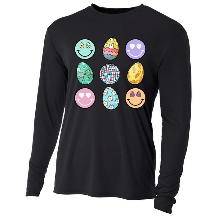 Smile Face Floral Easter Eggs Groovy Disco Happy Easter Day Cooling Performance Long Sleeve Crew