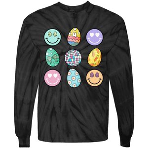 Smile Face Floral Easter Eggs Groovy Disco Happy Easter Day Tie-Dye Long Sleeve Shirt