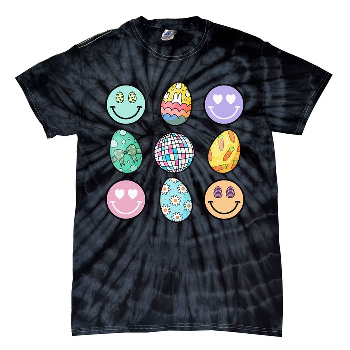 Smile Face Floral Easter Eggs Groovy Disco Happy Easter Day Tie-Dye T-Shirt