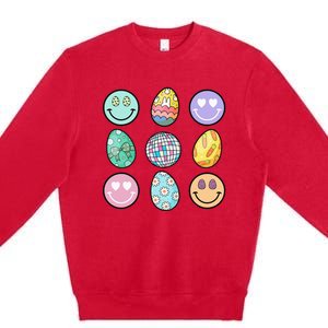 Smile Face Floral Easter Eggs Groovy Disco Happy Easter Day Premium Crewneck Sweatshirt