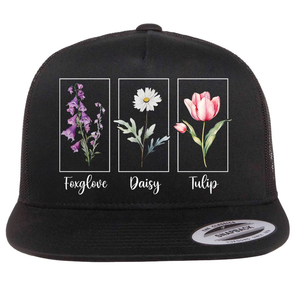 Subtle Floral Foxglove Daisy Tulip Flowers Women Flat Bill Trucker Hat