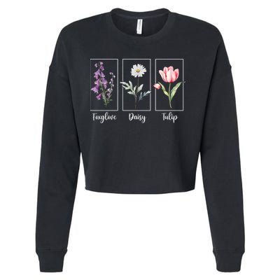 Subtle Floral Foxglove Daisy Tulip Flowers Women Cropped Pullover Crew