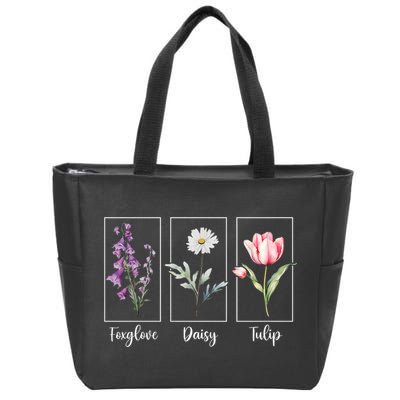 Subtle Floral Foxglove Daisy Tulip Flowers Women Zip Tote Bag