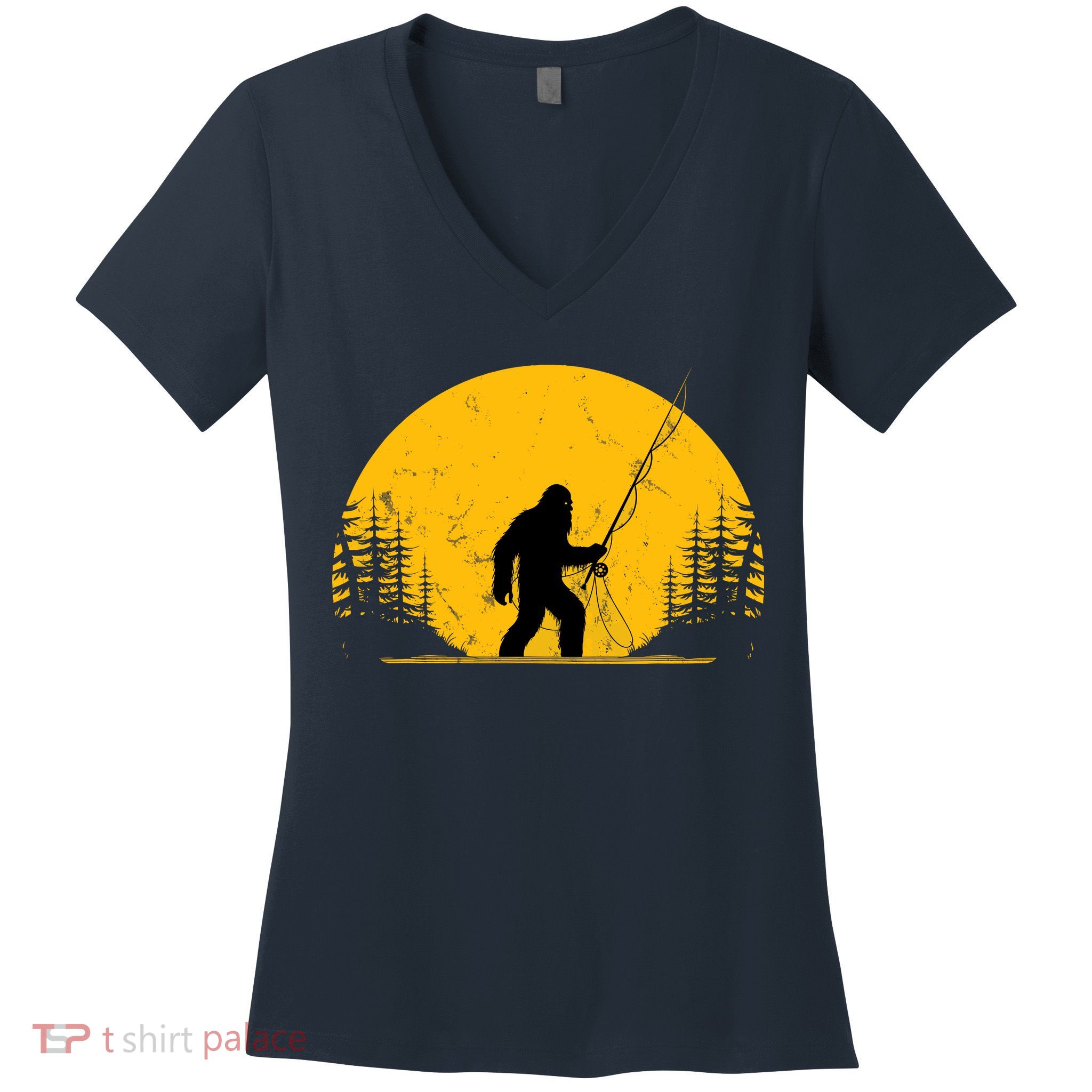 Sasquatch Fly Fishing Vintage Trout Fisherman Funny Women's V-Neck T-Shirt
