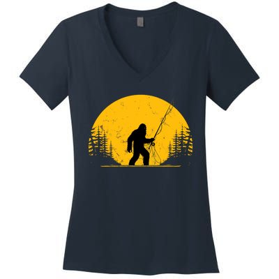 Sasquatch Fly Fishing Vintage Trout Fisherman Funny Women's V-Neck T-Shirt