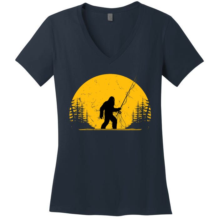 Sasquatch Fly Fishing Vintage Trout Fisherman Funny Women's V-Neck T-Shirt