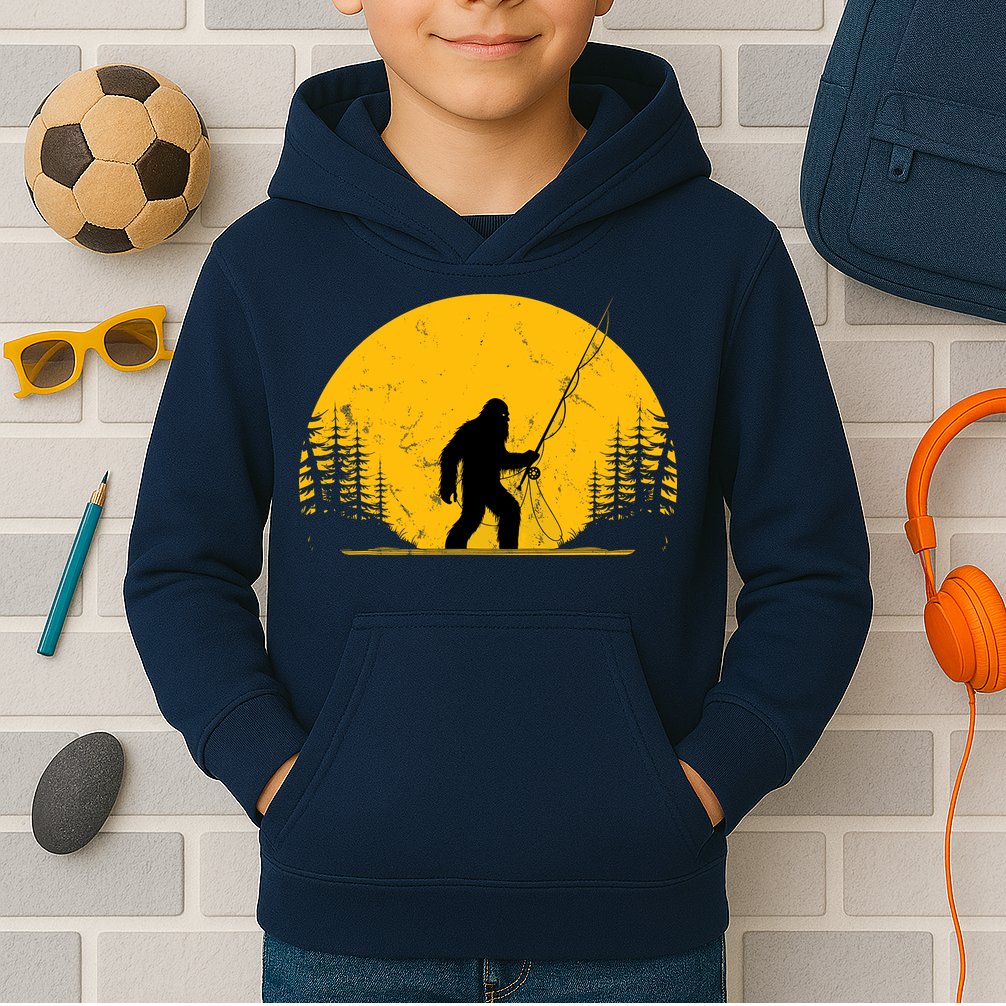 Sasquatch Fly Fishing Vintage Trout Fisherman Funny Kids Hoodie