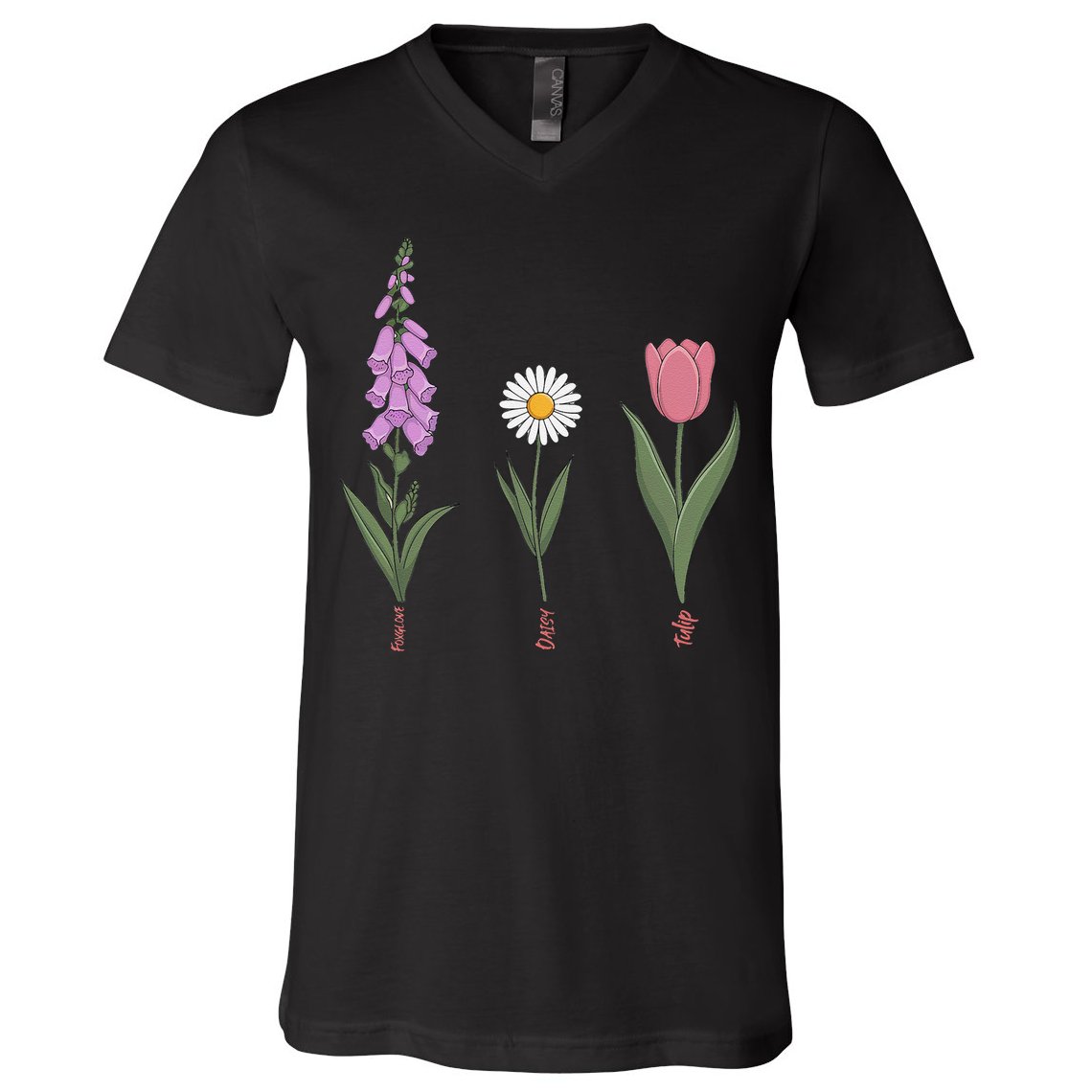 Subtle Floral Flowers Foxglove Daisy Tulip Vintage Art V-Neck T-Shirt