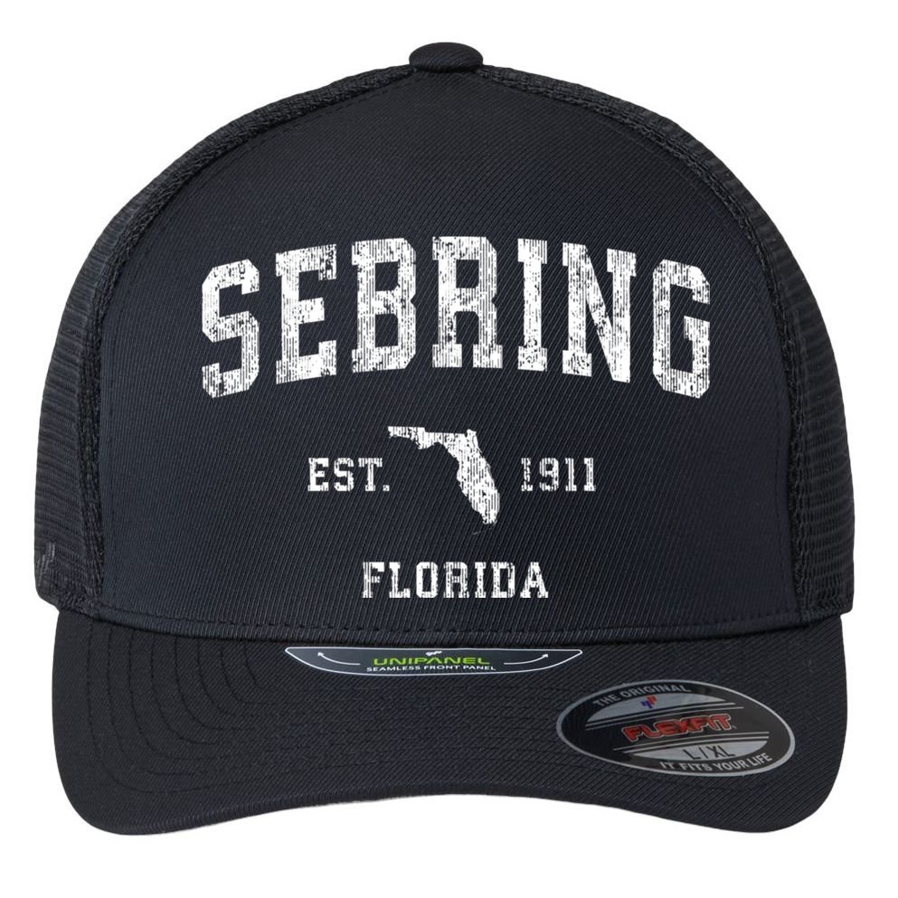 Sebring Florida Fl Vintage Athletic Sports Flexfit Unipanel Trucker Cap