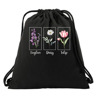 Subtle Floral Foxglove Daisy Tulip Flowers Women Drawstring Bag