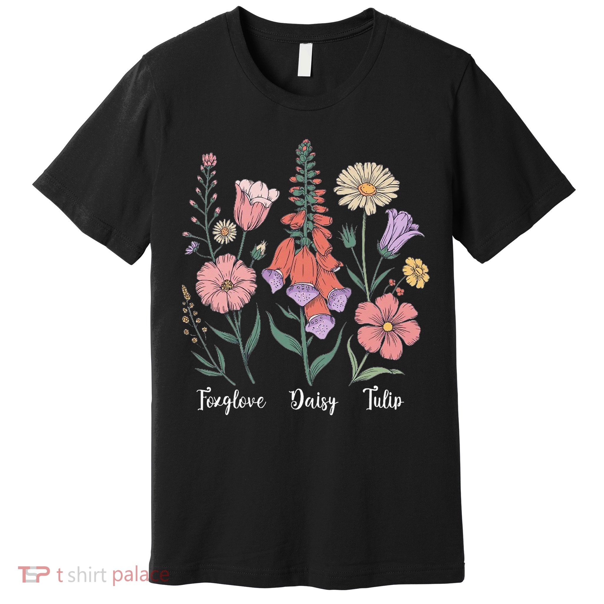 Subtle Floral Foxglove Daisy Tulip Flowers Premium T-Shirt