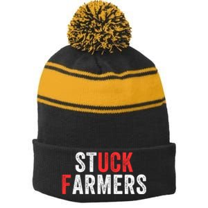 Stuck Farmer Funny Uk Political Slogan Funny Stuck Farmer Parody Sarcastic Humor Stripe Pom Pom Beanie