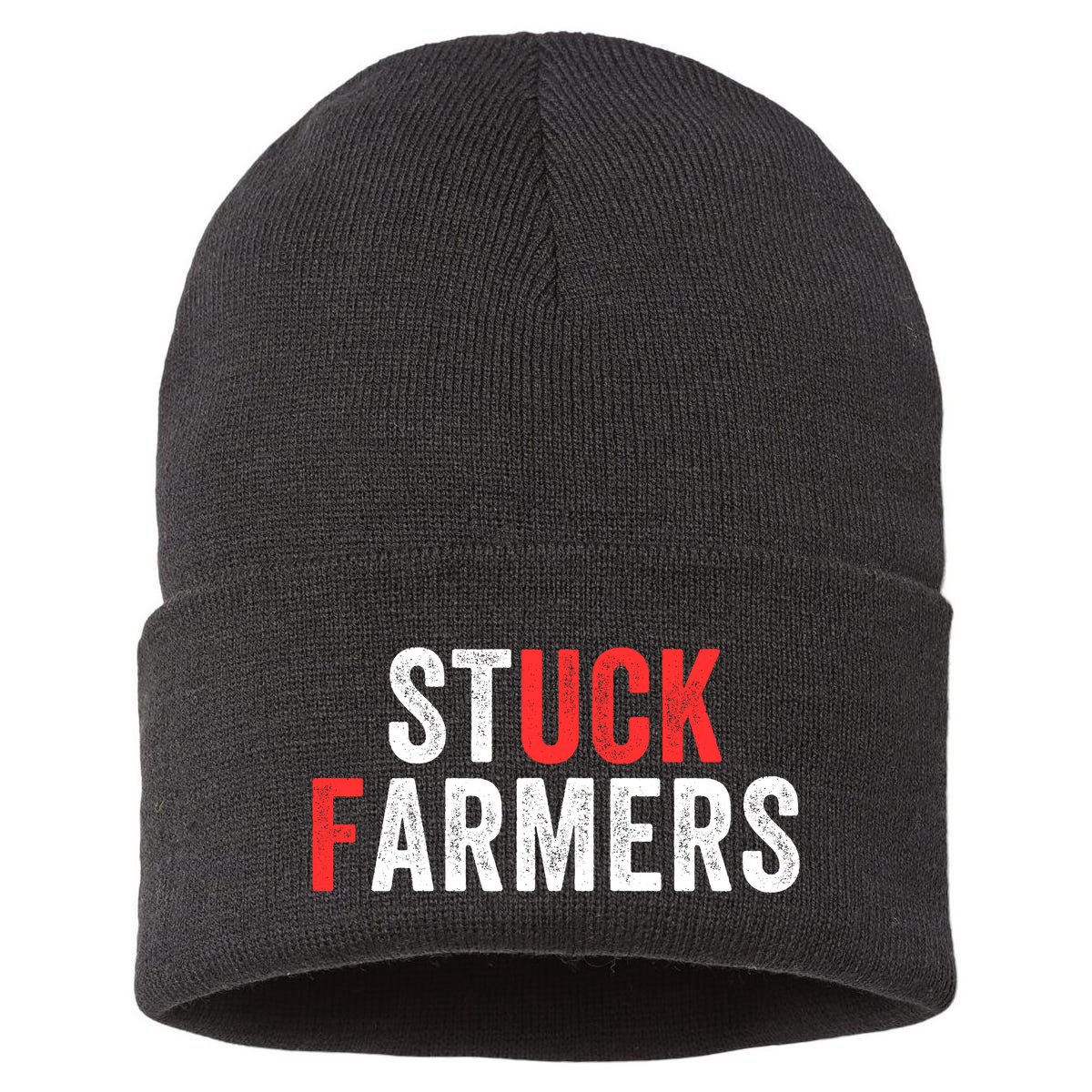 Stuck Farmer Funny Uk Political Slogan Funny Stuck Farmer Parody Sarcastic Humor Sustainable Knit Beanie