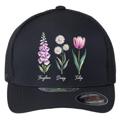 Subtle Floral Flowers Foxglove Daisy Tulip Flexfit Unipanel Trucker Cap