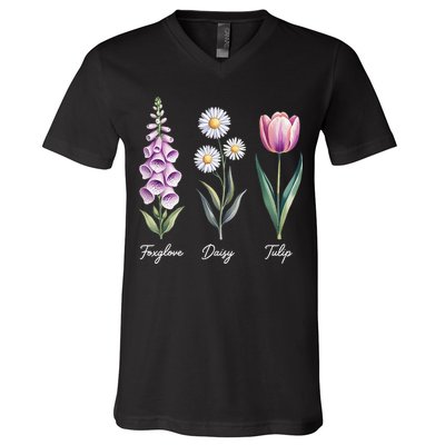 Subtle Floral Flowers Foxglove Daisy Tulip V-Neck T-Shirt