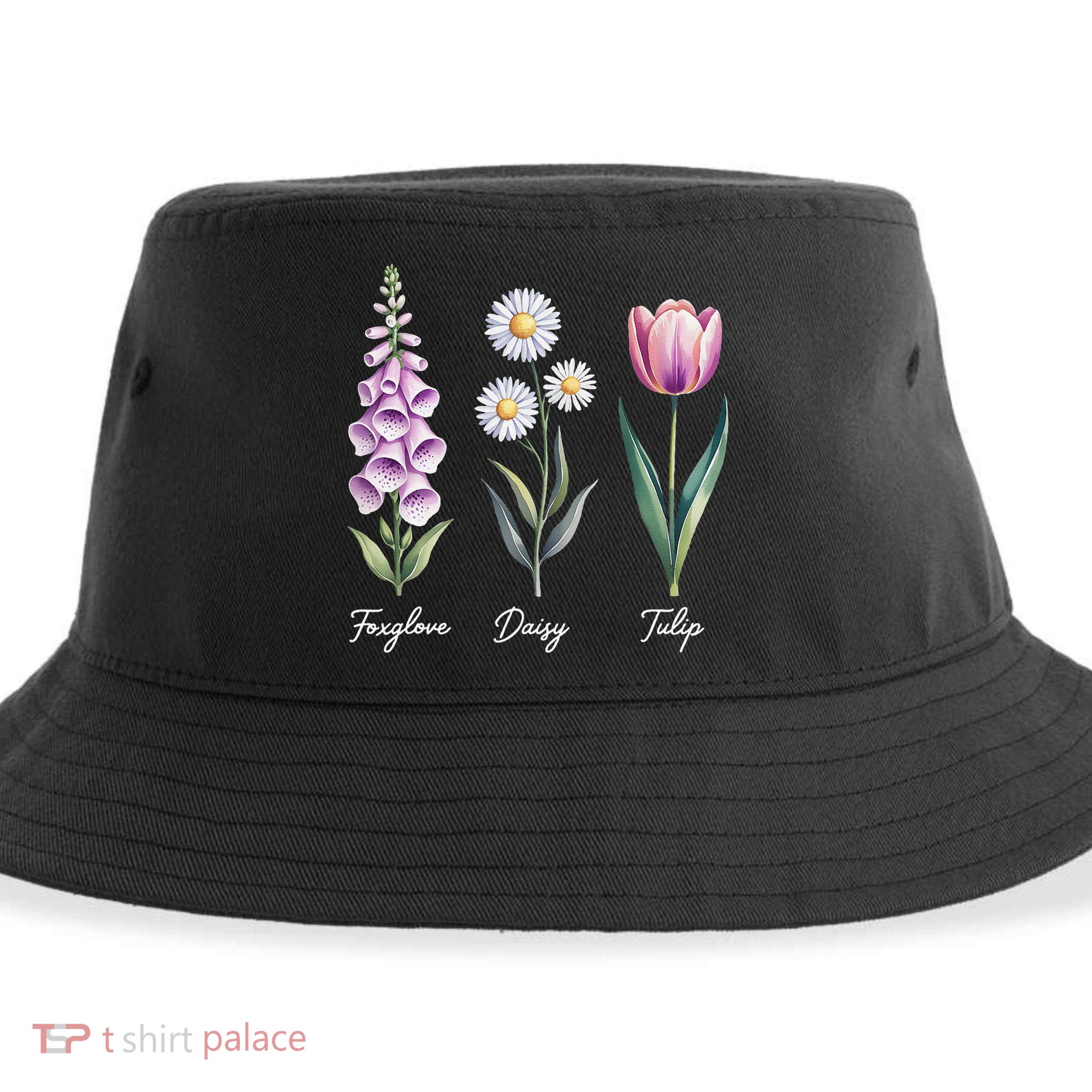Subtle Floral Flowers Foxglove Daisy Tulip Sustainable Bucket Hat