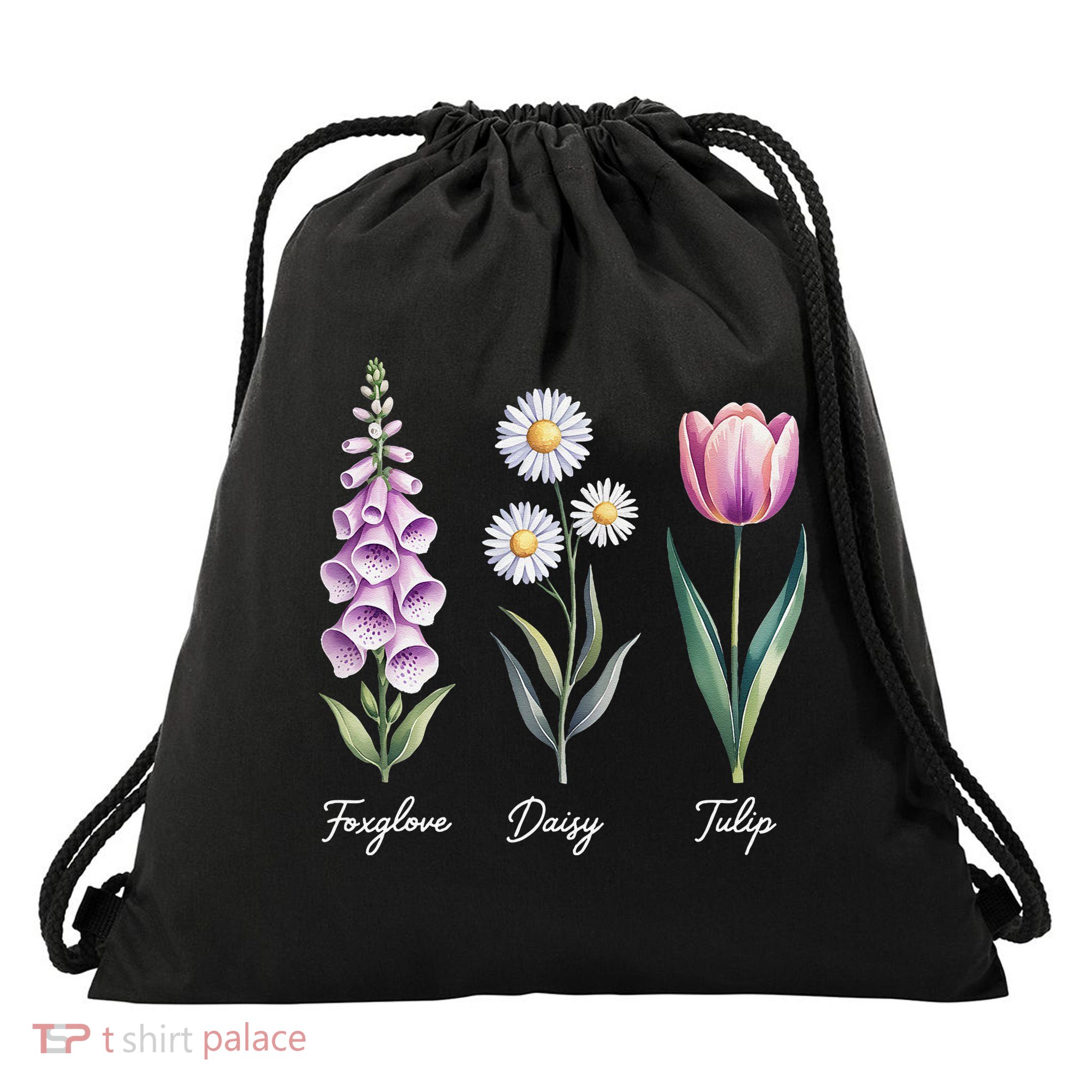 Subtle Floral Flowers Foxglove Daisy Tulip Drawstring Bag