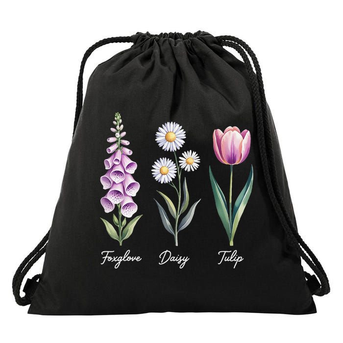 Subtle Floral Flowers Foxglove Daisy Tulip Drawstring Bag