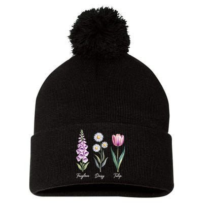 Subtle Floral Flowers Foxglove Daisy Tulip Pom Pom 12in Knit Beanie