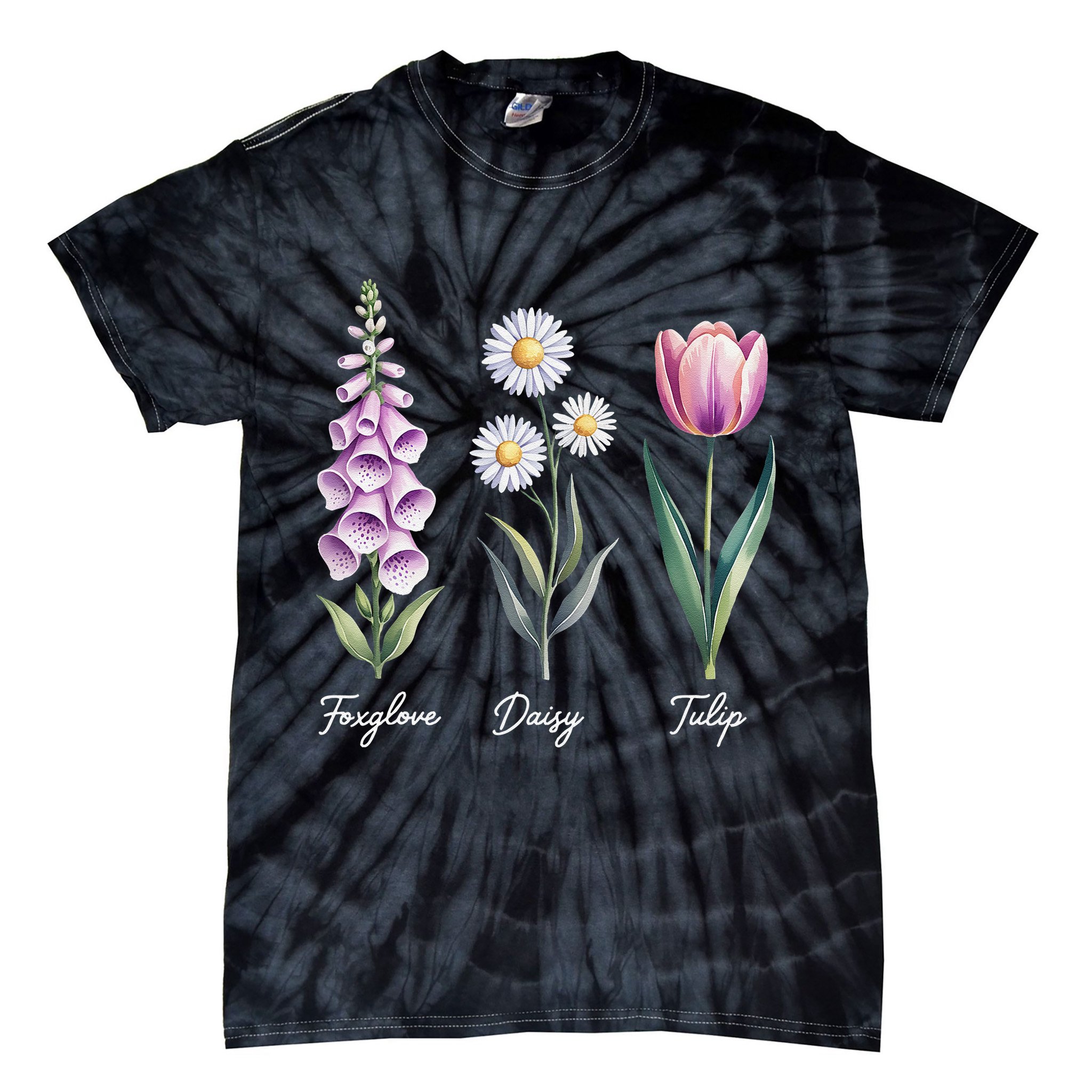 Subtle Floral Flowers Foxglove Daisy Tulip Tie-Dye T-Shirt