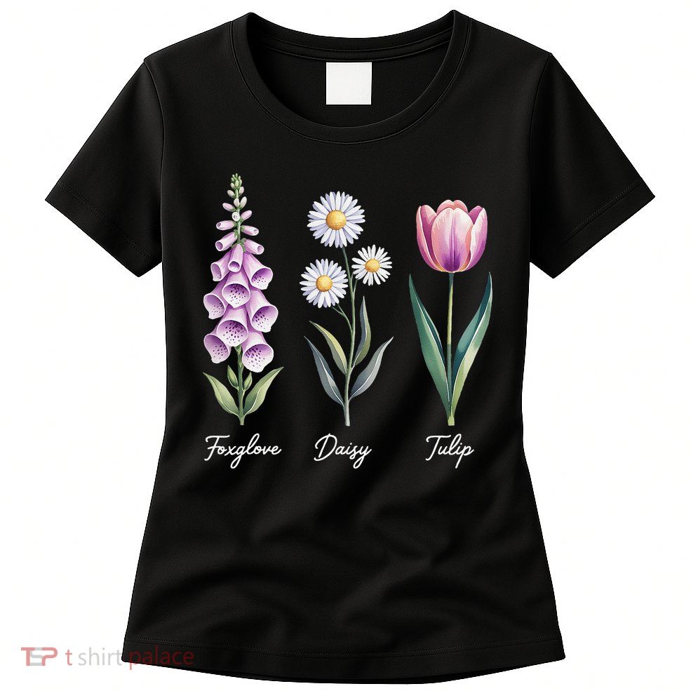 Subtle Floral Flowers Foxglove Daisy Tulip Womens T-Shirt