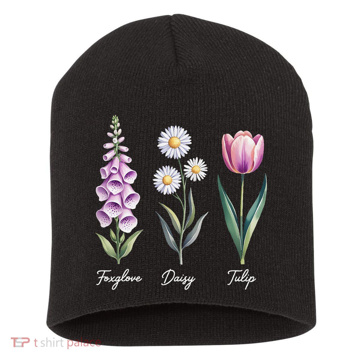 Subtle Floral Flowers Foxglove Daisy Tulip Short Acrylic Beanie