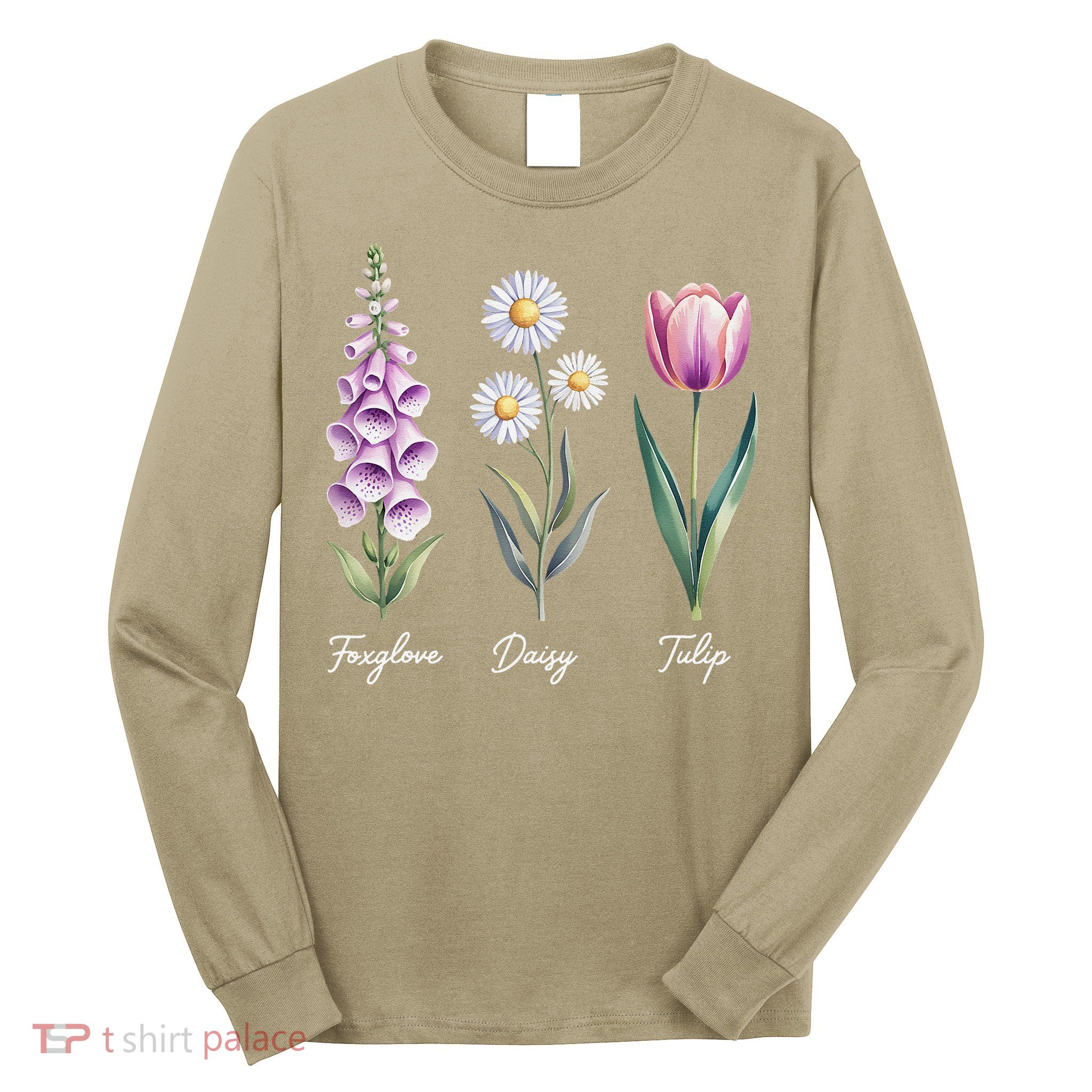 Subtle Floral Flowers Foxglove Daisy Tulip Long Sleeve Shirt