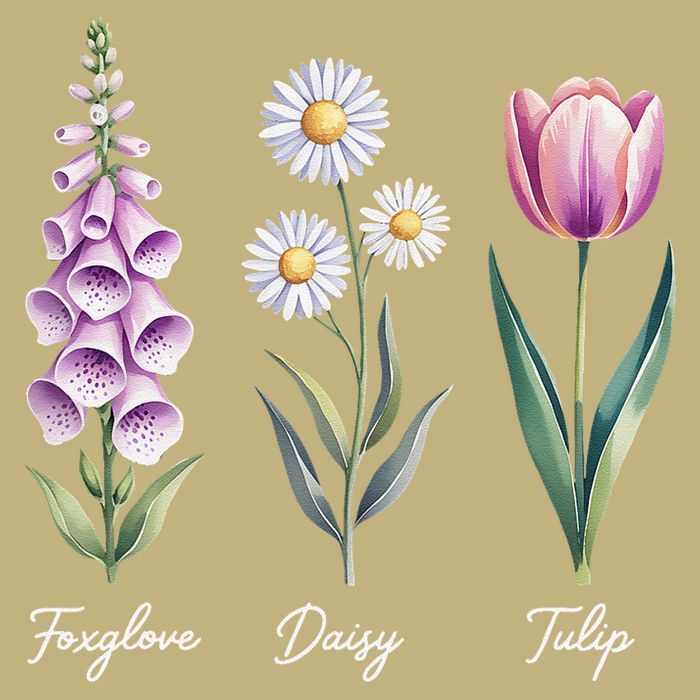 Subtle Floral Flowers Foxglove Daisy Tulip Button
