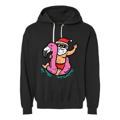 Santa Flamingo Floatie Funny Christmas In July Summer Xmas Garment-Dyed Fleece Hoodie
