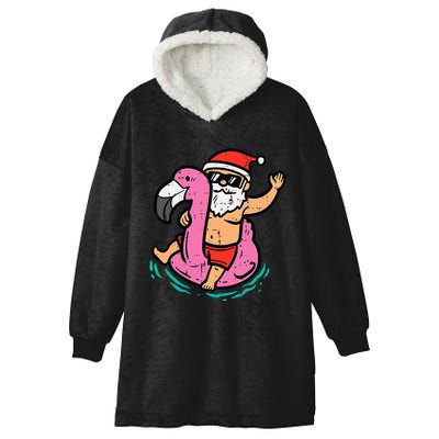 Santa Flamingo Floatie Funny Christmas In July Summer Xmas Hooded Wearable Blanket