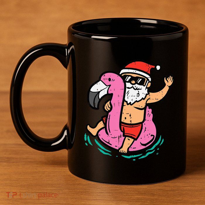 Santa Flamingo Floatie Funny Christmas In July Summer Xmas 11oz C Handle Ceramic Mug