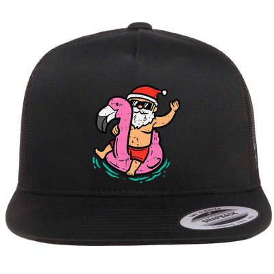 Santa Flamingo Floatie Funny Christmas In July Summer Xmas Flatbill Hat