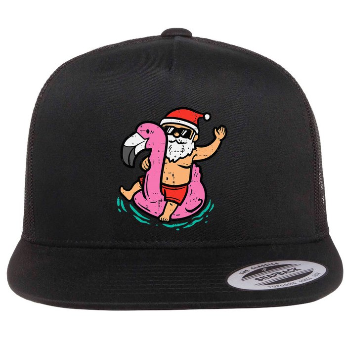 Santa Flamingo Floatie Funny Christmas In July Summer Xmas Flat Bill Trucker Hat