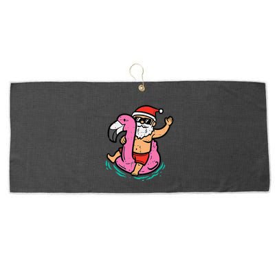 Santa Flamingo Floatie Funny Christmas In July Summer Xmas Large Microfiber Waffle Golf Towel