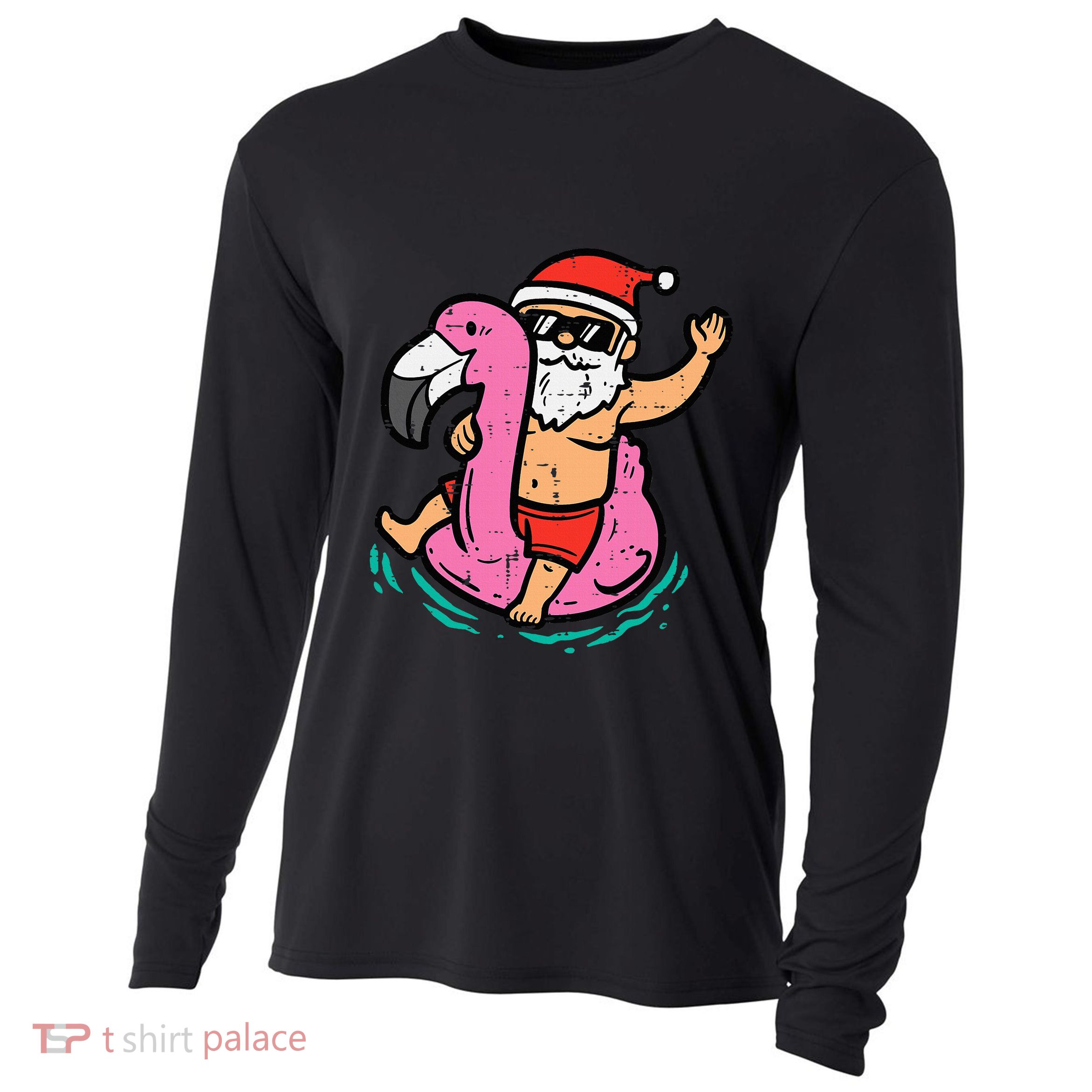Santa Flamingo Floatie Funny Christmas In July Summer Xmas Cooling Performance Long Sleeve Crew