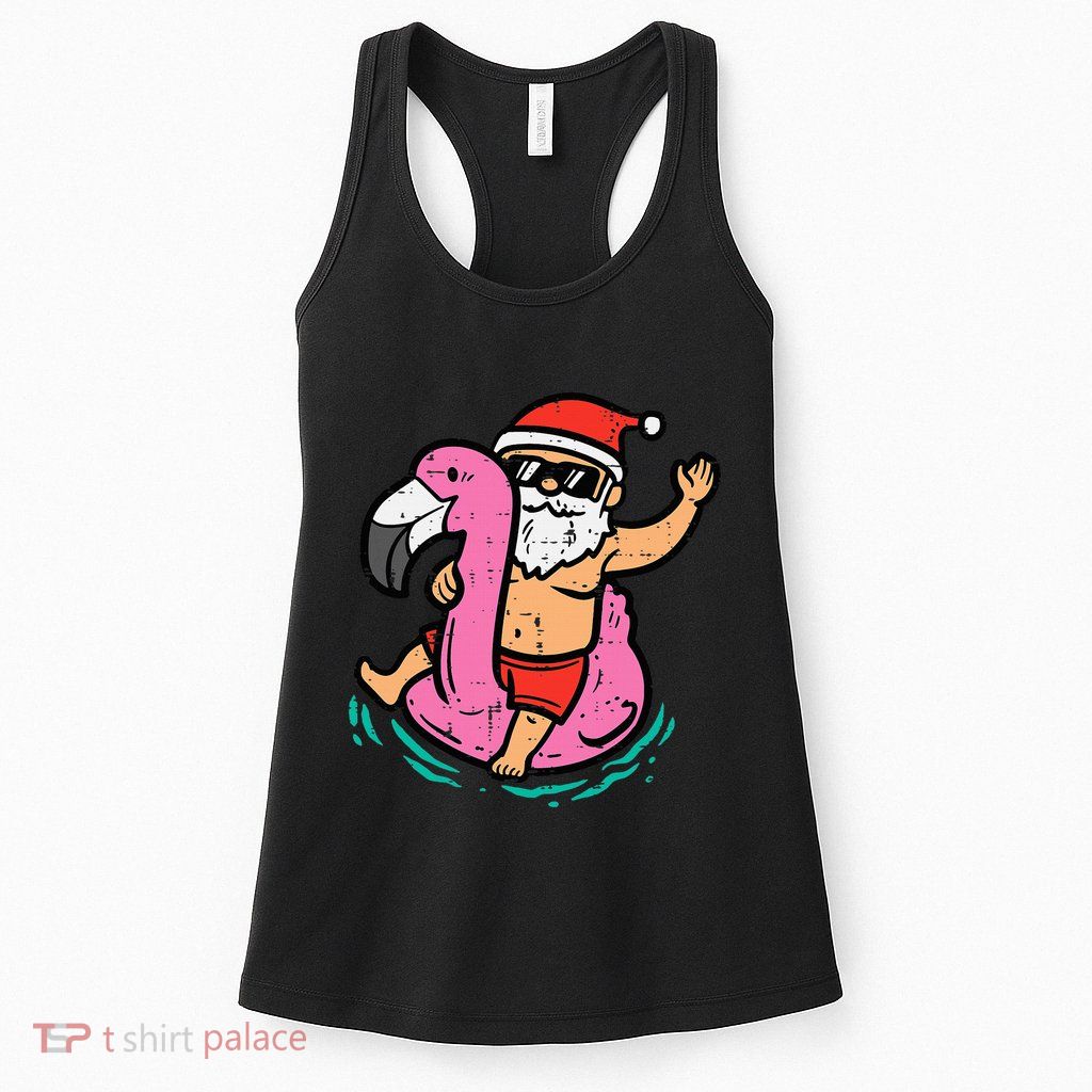 Santa Flamingo Floatie Funny Christmas In July Summer Xmas Womens Tank Top