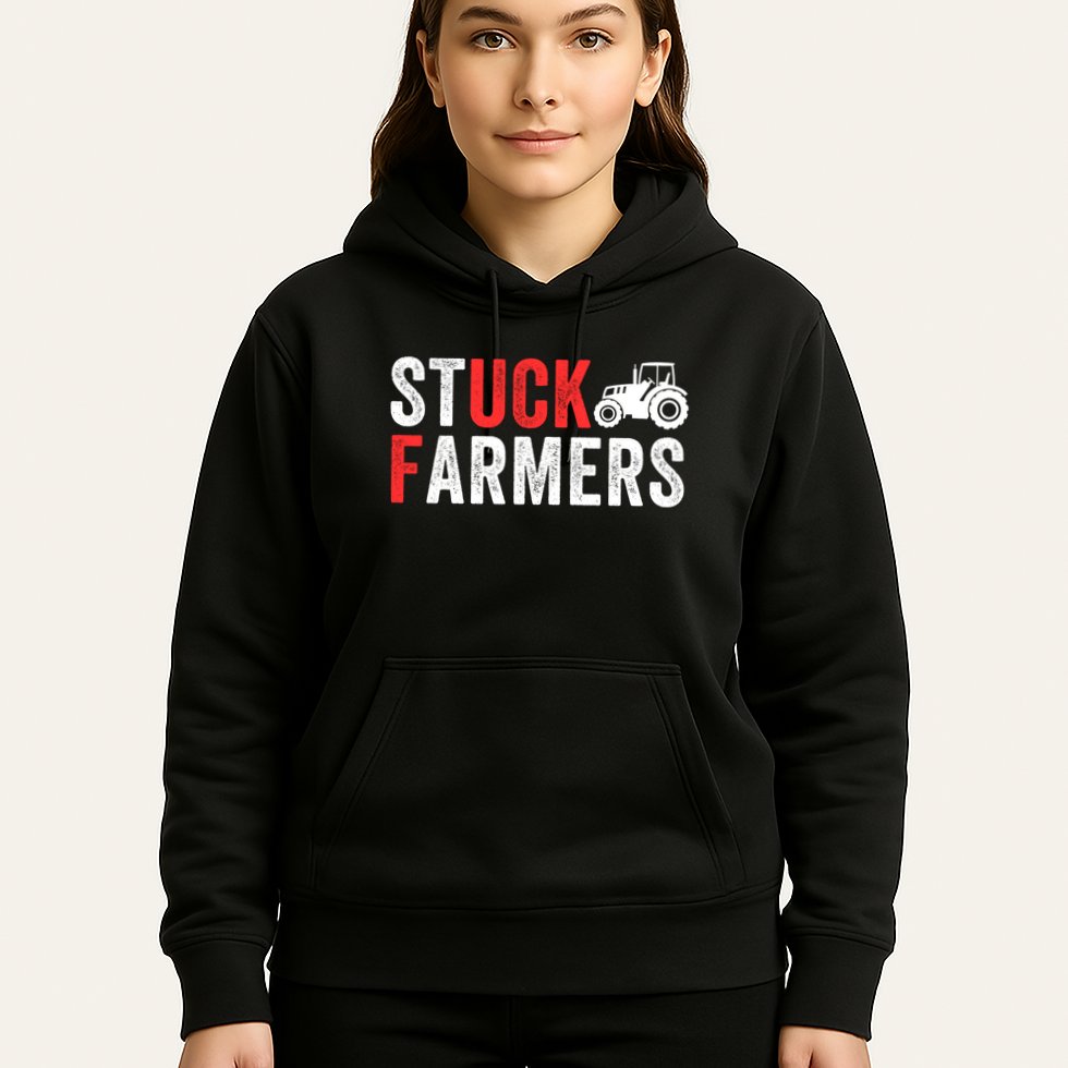 Stuck Farmer Funny Uk Political Slogan Parody Sarcastic Humor Funny Stuck Farmer Hoodie