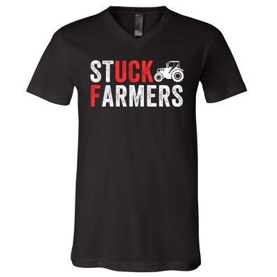 Stuck Farmer Funny Uk Political Slogan Parody Sarcastic Humor Funny Stuck Farmer V-Neck T-Shirt