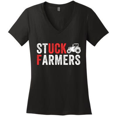 Stuck Farmer Funny Uk Political Slogan Parody Sarcastic Humor Funny Stuck Farmer Women's V-Neck T-Shirt