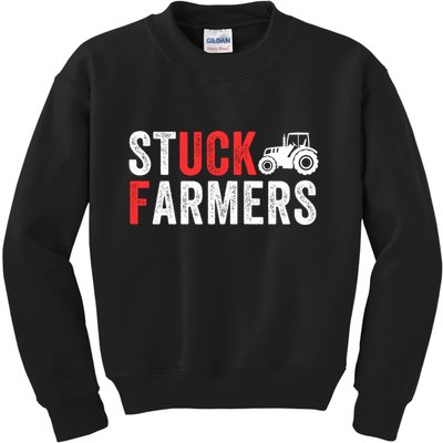 Stuck Farmer Funny Uk Political Slogan Parody Sarcastic Humor Funny Stuck Farmer Kids Sweatshirt
