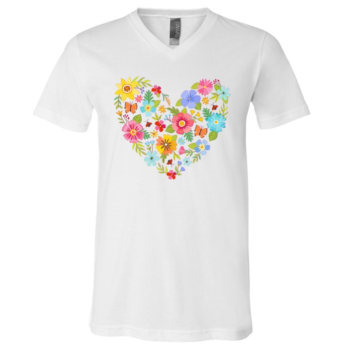 Springtime Flowers Floral Heart V-Neck T-Shirt